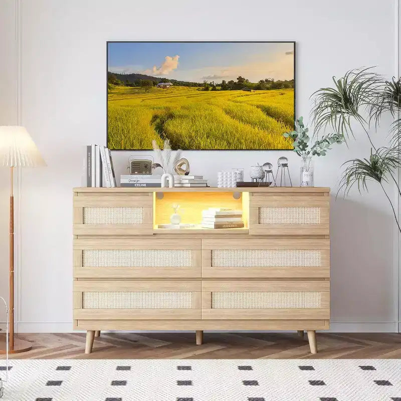 Commode moderne en rotin, commode LED avec station de recharge, commode en bois