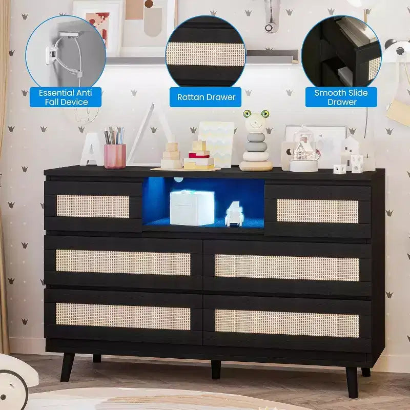 Commode moderne en rotin, commode LED avec station de recharge, commode en bois