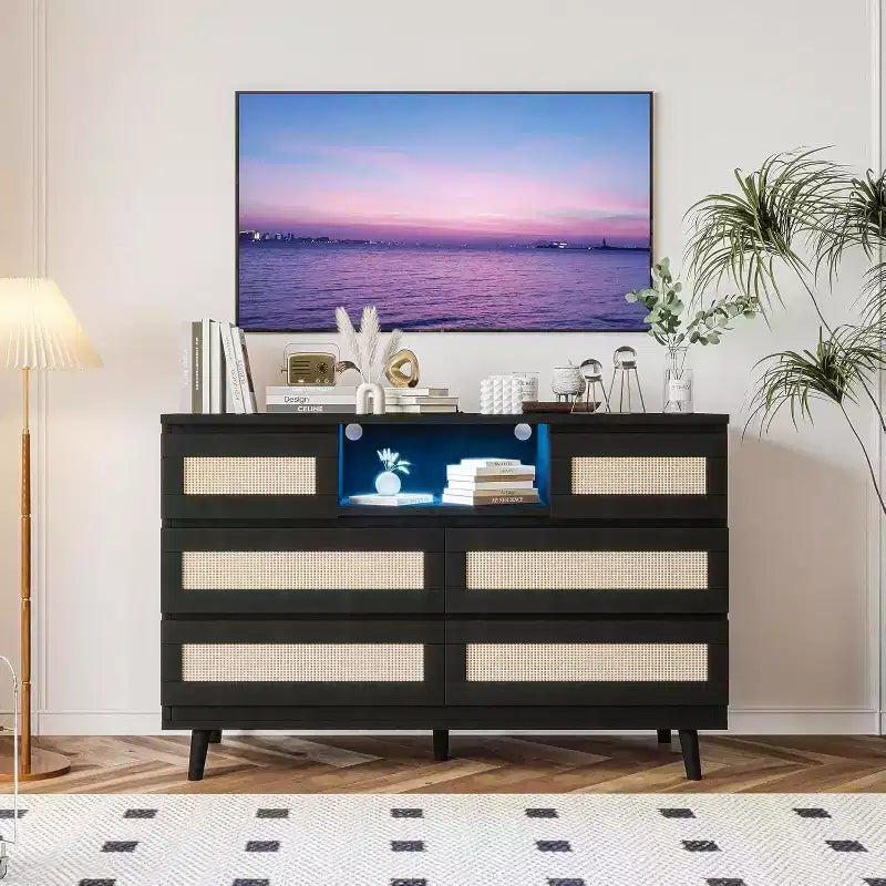 Commode moderne en rotin, commode LED avec station de recharge, commode en bois