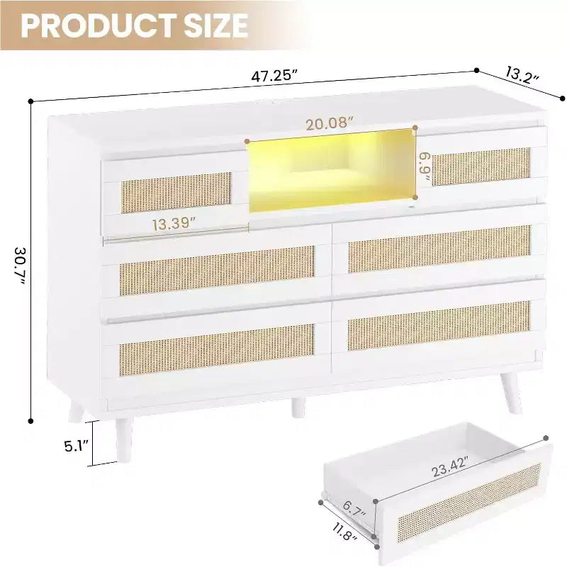 Commode moderne en rotin, commode LED avec station de recharge, commode en bois