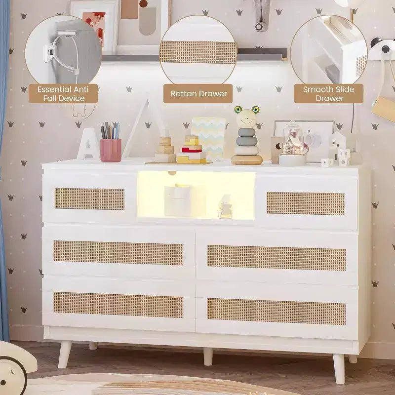 Commode moderne en rotin, commode LED avec station de recharge, commode en bois