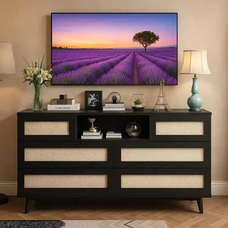 CuisinSmart Modern Rattan Dresser, LED Dresser with Charging Station, Wooden Dressers & Chest of Drawers with 6 Drawers, TV Stand for Closet