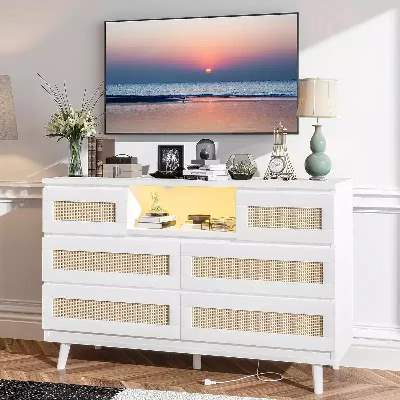 Commode moderne en rotin, commode LED avec station de recharge, commode en bois