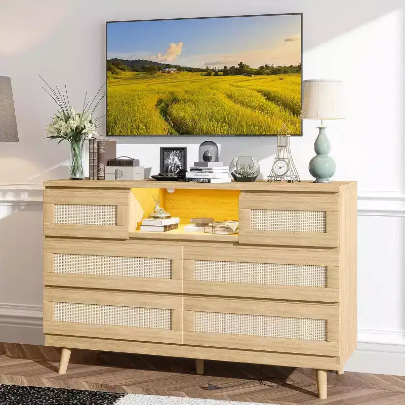 Commode moderne en rotin, commode LED avec station de recharge, commode en bois