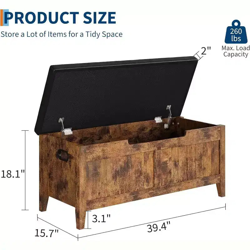 Banc de rangement avec coussin d'assise et charnières de sécurité