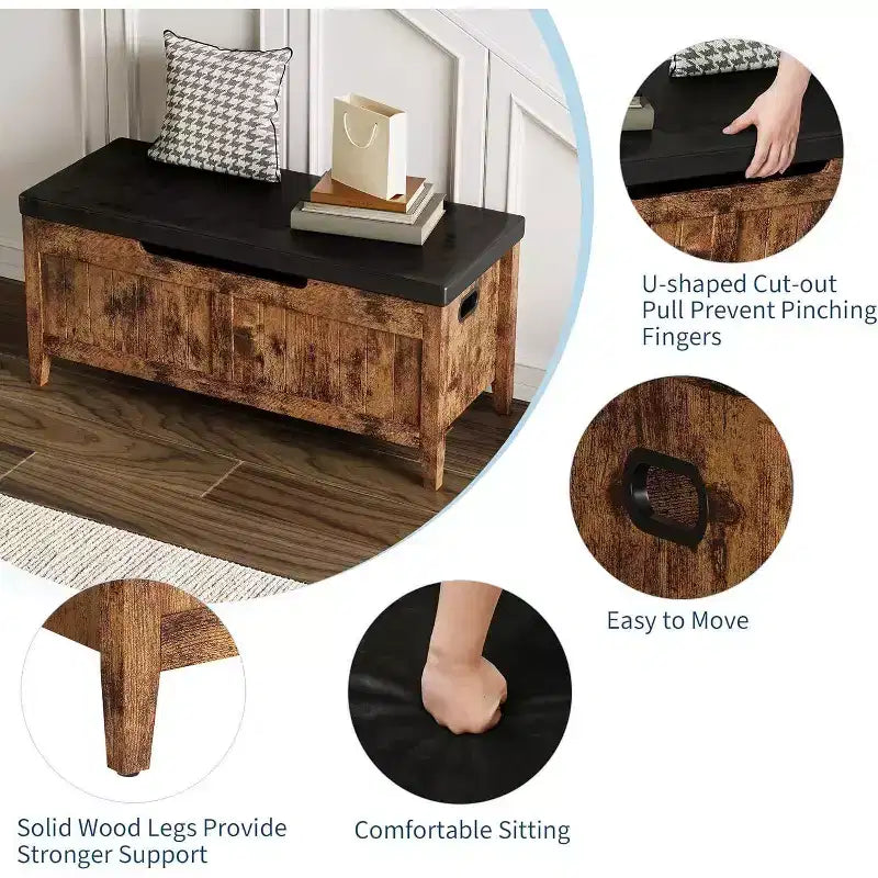 Banc de rangement avec coussin d'assise et charnières de sécurité