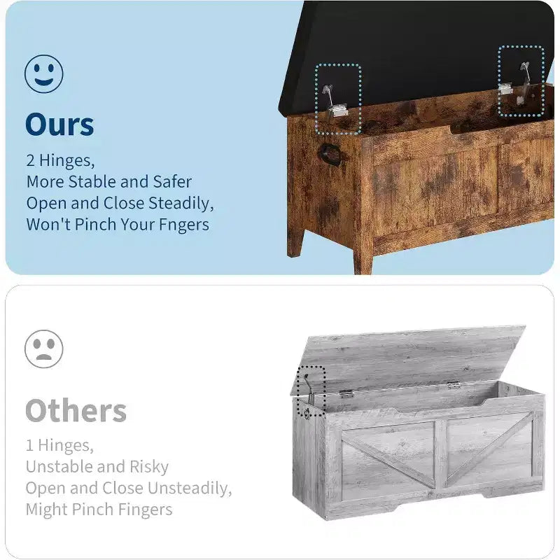 Banc de rangement avec coussin d'assise et charnières de sécurité