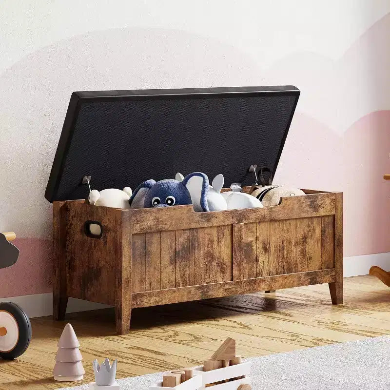 Banc de rangement avec coussin d'assise et charnières de sécurité