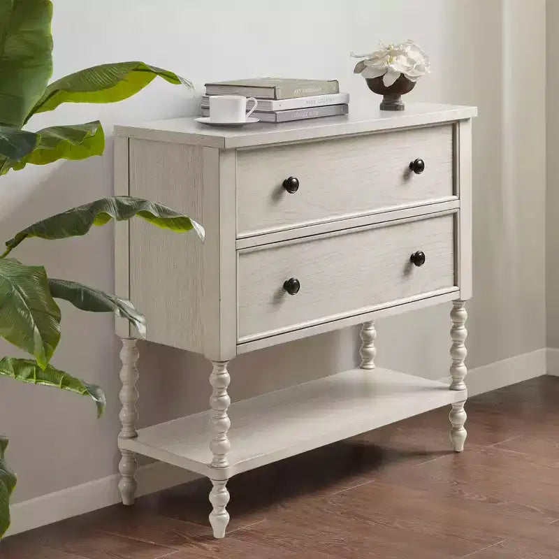 Commode/Table de chevet en bois massif avec 2 tiroirs et étagère, style Ferme