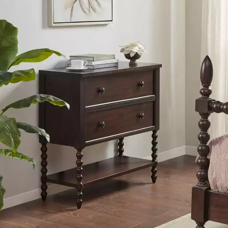 Commode/Table de chevet en bois massif avec 2 tiroirs et étagère, style Ferme