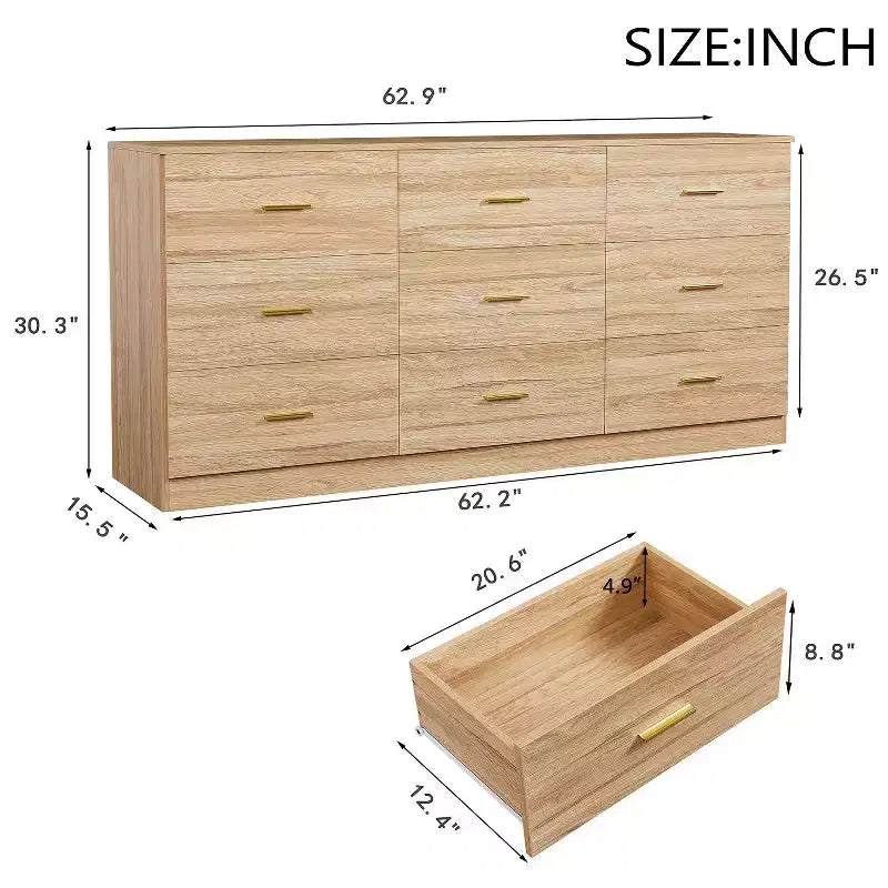 Commode moderne à 8 ou 9 tiroirs avec poignées dorées, large meuble de rangement pour chambre à coucher