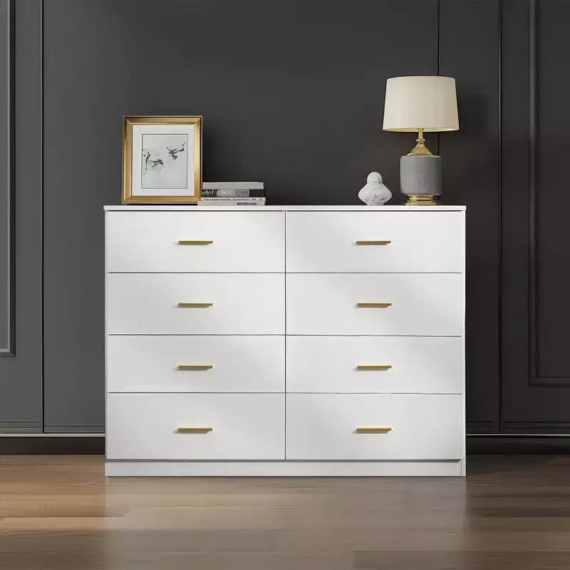 Commode moderne à 8 ou 9 tiroirs avec poignées dorées, large meuble de rangement pour chambre à coucher