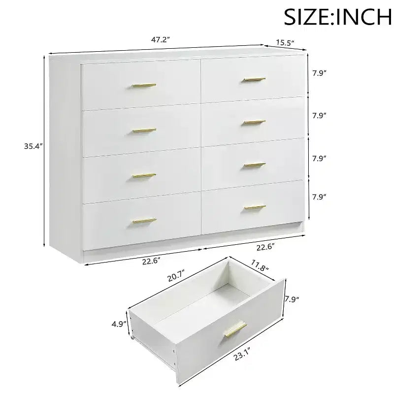 Commode moderne à 8 ou 9 tiroirs avec poignées dorées, large meuble de rangement pour chambre à coucher