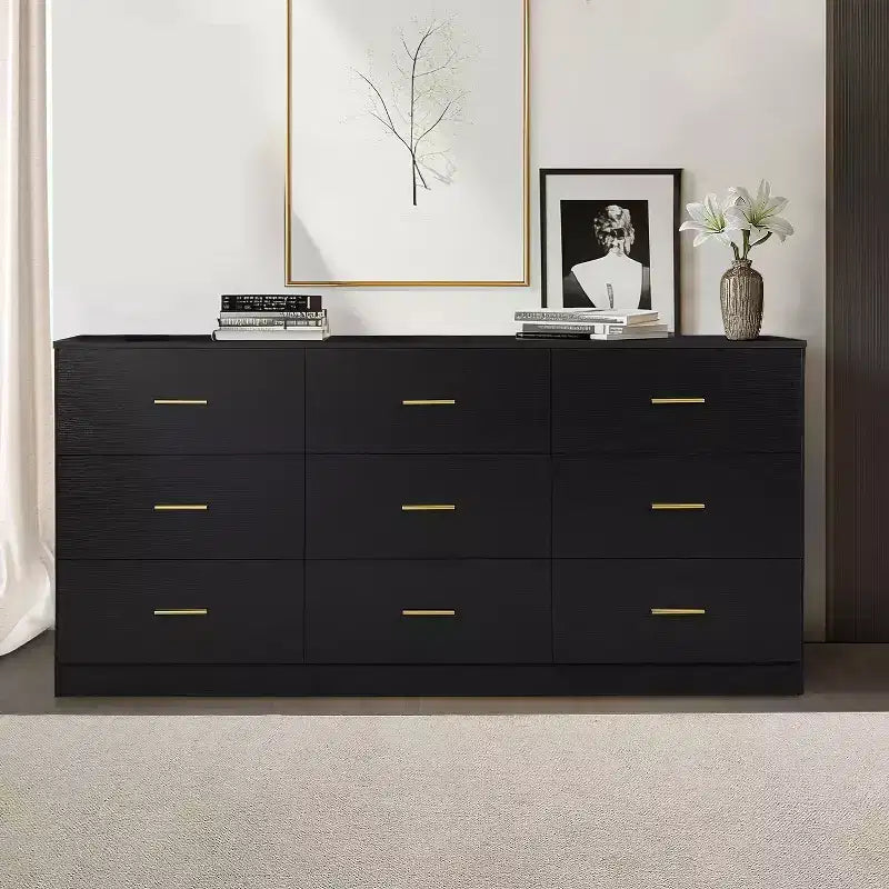 Commode moderne à 8 ou 9 tiroirs avec poignées dorées, large meuble de rangement pour chambre à coucher