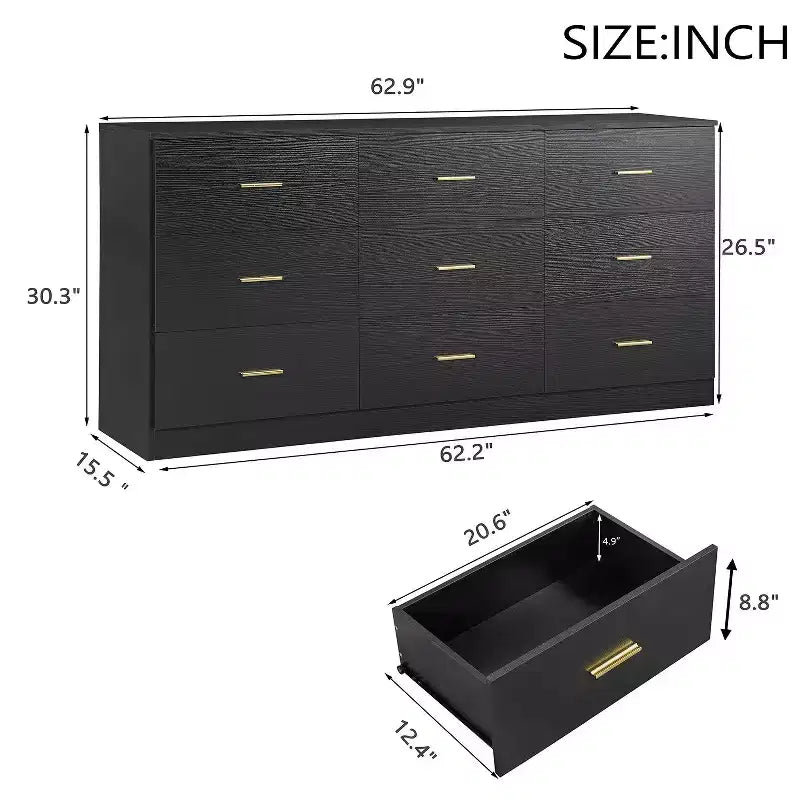 Commode moderne à 8 ou 9 tiroirs avec poignées dorées, large meuble de rangement pour chambre à coucher