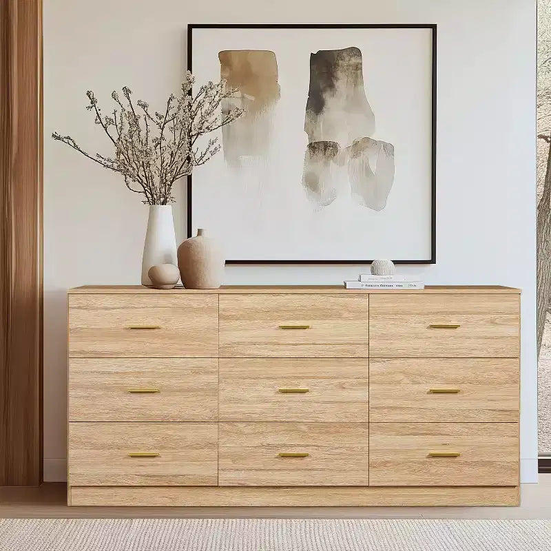 Commode moderne à 8 ou 9 tiroirs avec poignées dorées, large meuble de rangement pour chambre à coucher