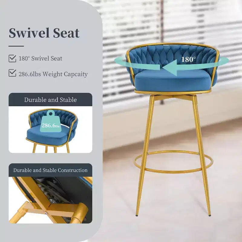 Tabourets de bar pivotants hauteur comptoir 79 cm, tissés à la main, bleus, pour îlot de cuisine