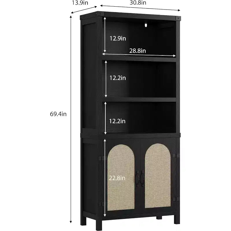 Étagère de ferme avec portes en rotin, meuble de rangement à 3 niveaux avec étagères ouvertes