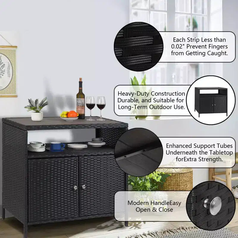 Table de bar d'extérieur avec armoire de rangement en osier à 2 portes et étagère