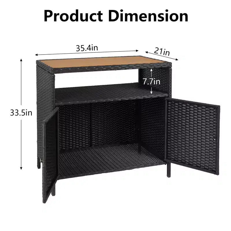 Table de bar d'extérieur avec armoire de rangement en osier à 2 portes et étagère