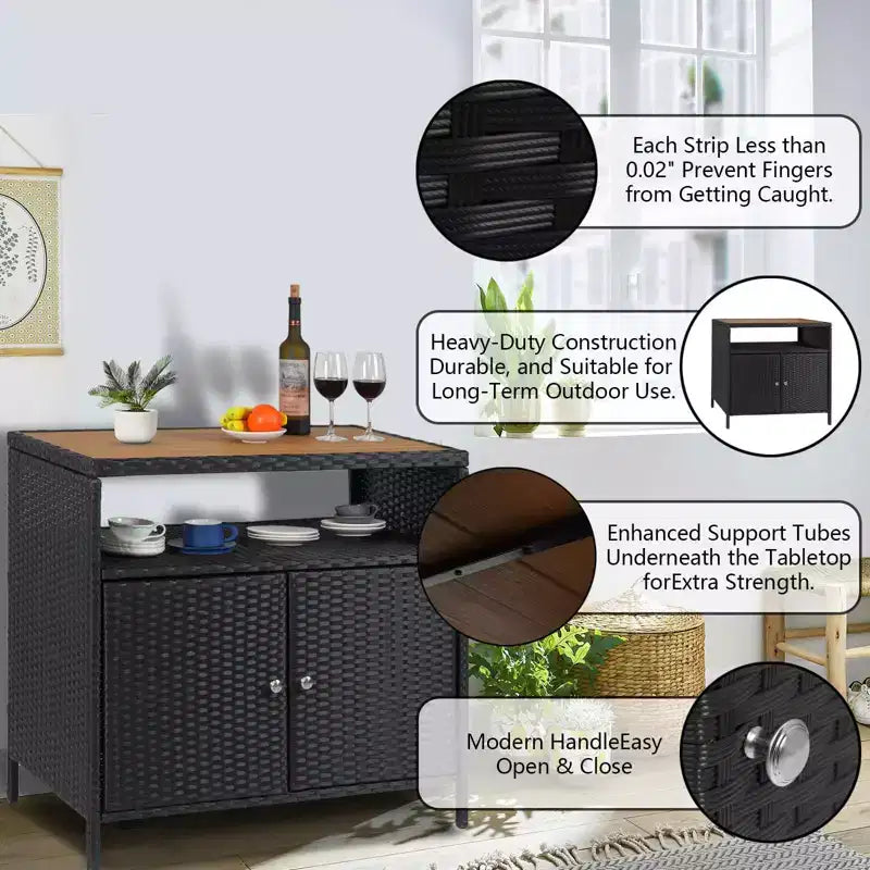 Table de bar d'extérieur avec armoire de rangement en osier à 2 portes et étagère