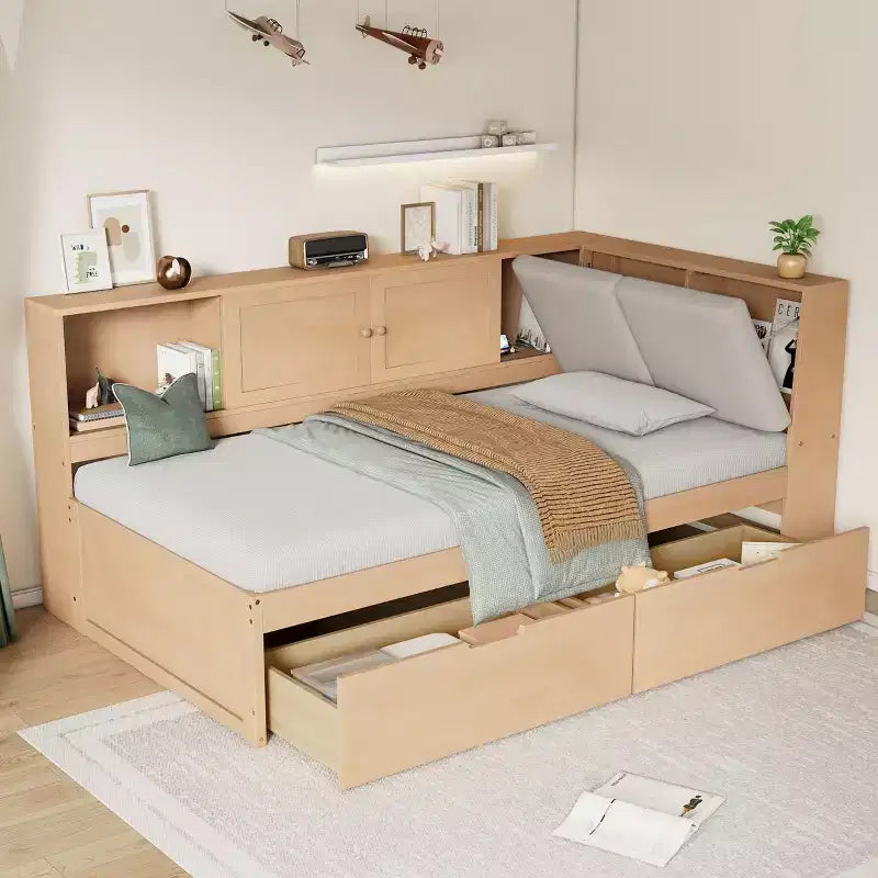 Merax Wooden L-Shaped Daybed with Upholstered Storage Headboard, USB Charging Ports & Storage Bookcase