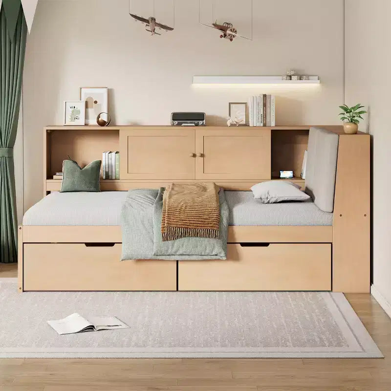 Lit de repos en L en bois avec tête de lit capitonnée de rangement