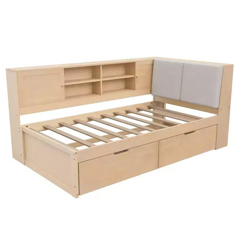 Lit de repos en L en bois avec tête de lit capitonnée de rangement