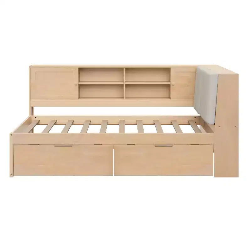 Lit de repos en L en bois avec tête de lit capitonnée de rangement