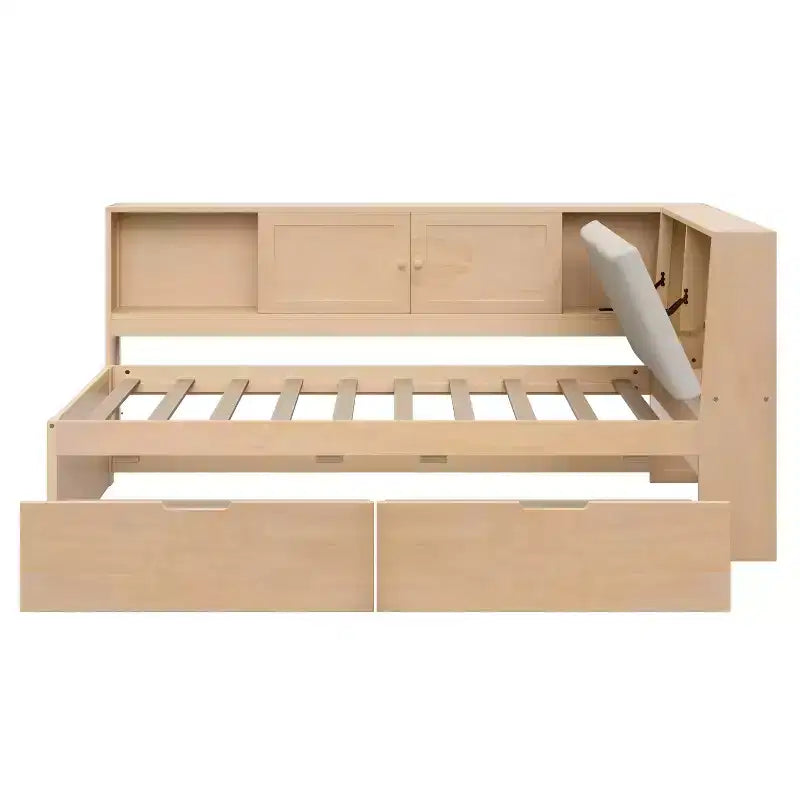 Lit de repos en L en bois avec tête de lit capitonnée de rangement