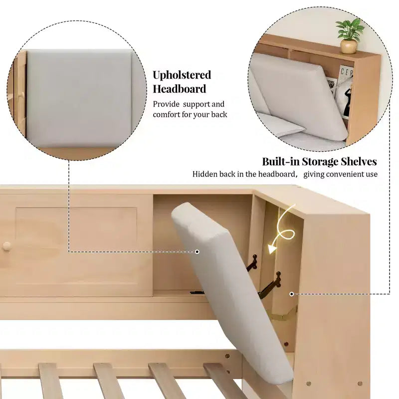 Lit de repos en L en bois avec tête de lit capitonnée de rangement
