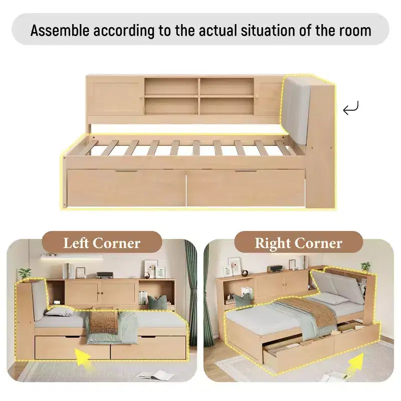Lit de repos en L en bois avec tête de lit capitonnée de rangement
