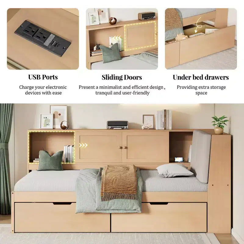 Lit de repos en L en bois avec tête de lit capitonnée de rangement