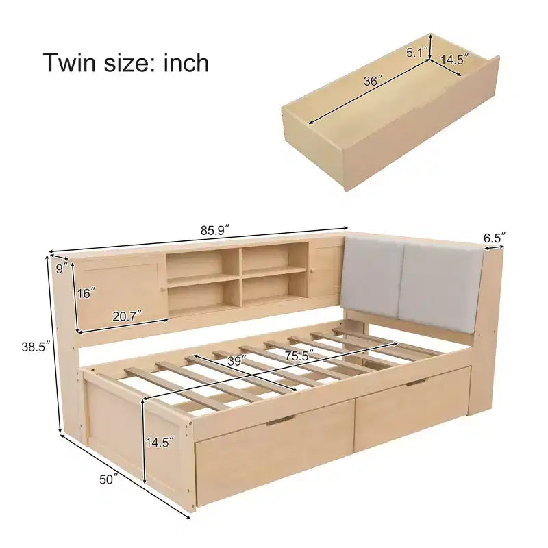 Lit de repos en L en bois avec tête de lit capitonnée de rangement
