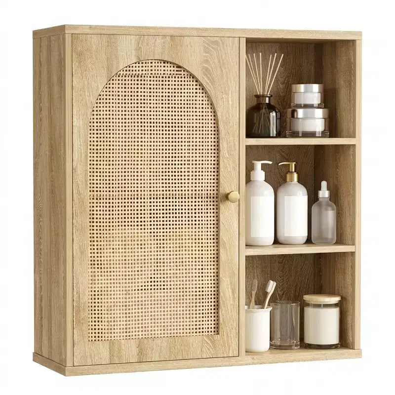 Dcolora Boho Rattan Wall Cabinet, Arched Door, Open Shelf, Bathroom Storage Unit