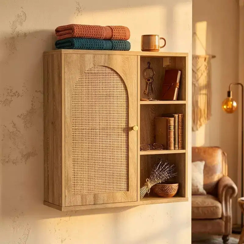 Meuble mural bohème en rotin, porte arquée, étagère ouverte, meuble de rangement pour salle de bain
