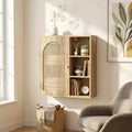 Meuble mural bohème en rotin, porte arquée, étagère ouverte, meuble de rangement pour salle de bain