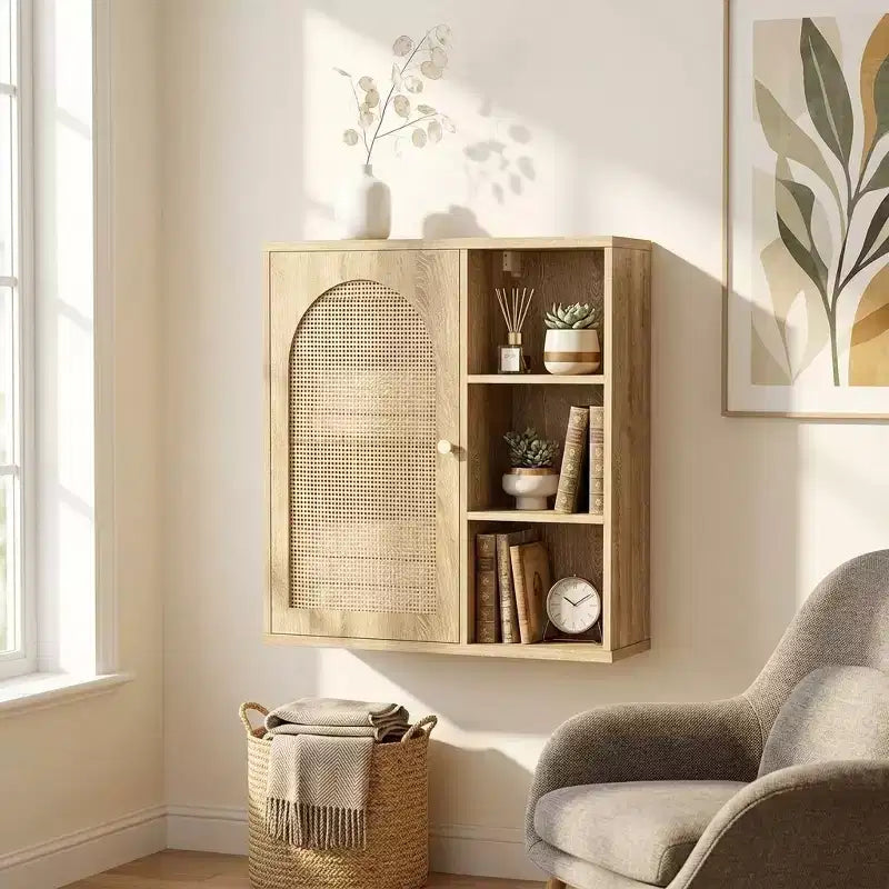 Meuble mural bohème en rotin, porte arquée, étagère ouverte, meuble de rangement pour salle de bain