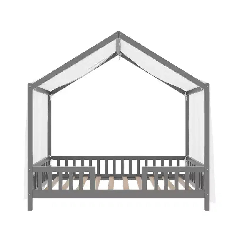 Cadre de lit bas en forme de maison avec rideaux (taille jumeau)