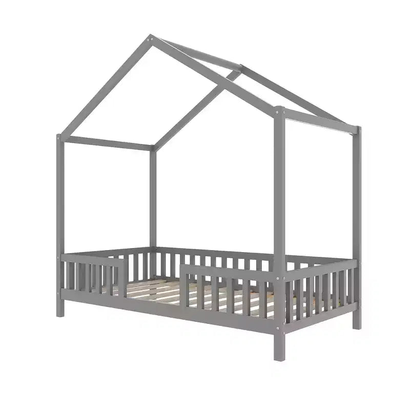 Cadre de lit bas en forme de maison avec rideaux (taille jumeau)