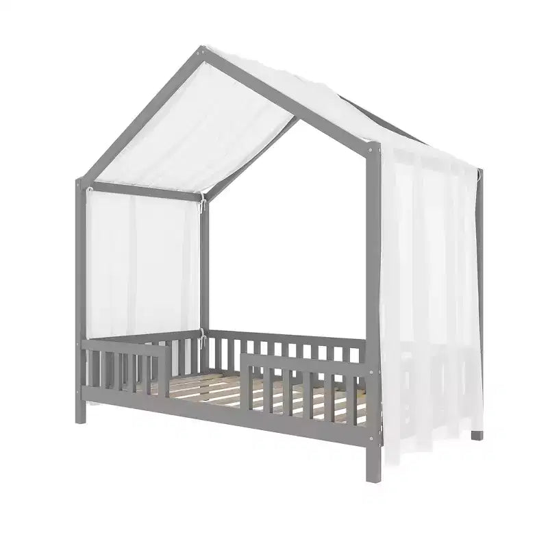 Cadre de lit bas en forme de maison avec rideaux (taille jumeau)