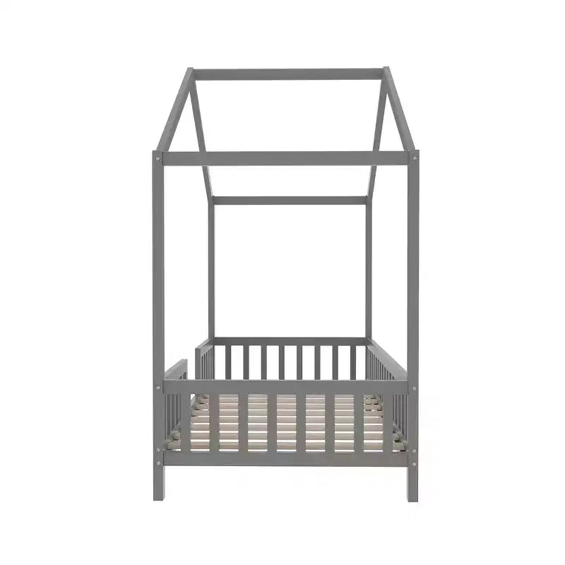 Cadre de lit bas en forme de maison avec rideaux (taille jumeau)