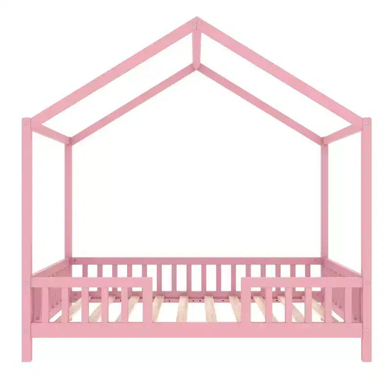 Cadre de lit bas en forme de maison avec rideaux (taille jumeau)