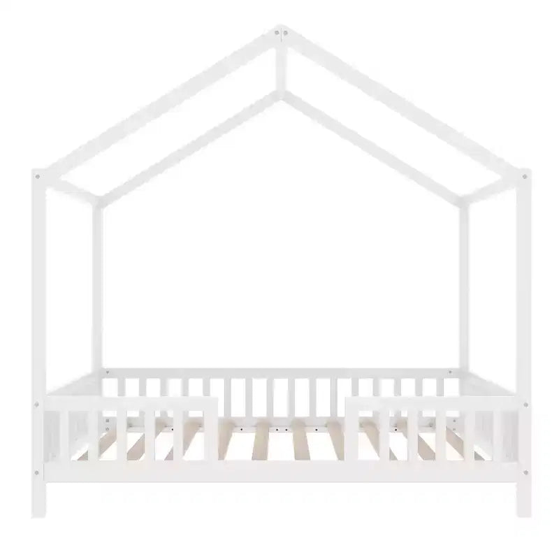 Cadre de lit bas en forme de maison avec rideaux (taille jumeau)