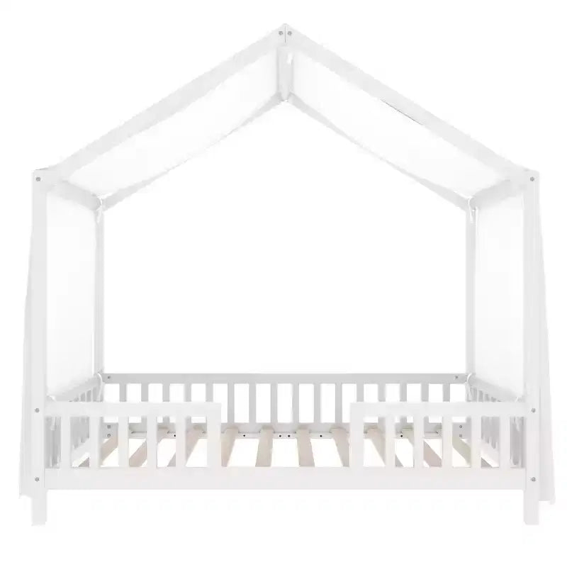 Cadre de lit bas en forme de maison avec rideaux (taille jumeau)