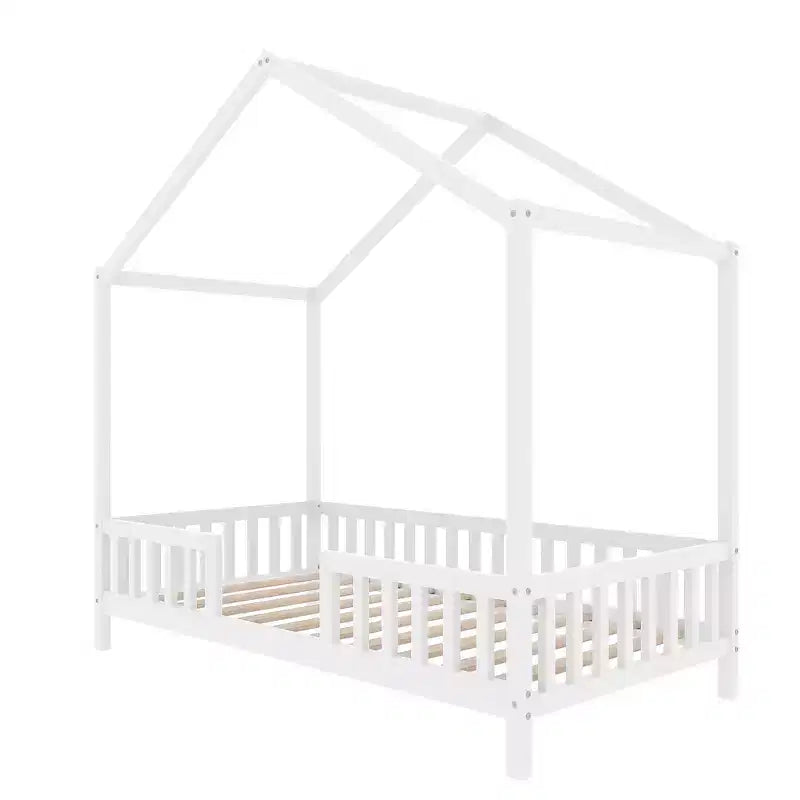 Cadre de lit bas en forme de maison avec rideaux (taille jumeau)