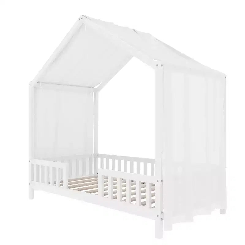 Cadre de lit bas en forme de maison avec rideaux (taille jumeau)