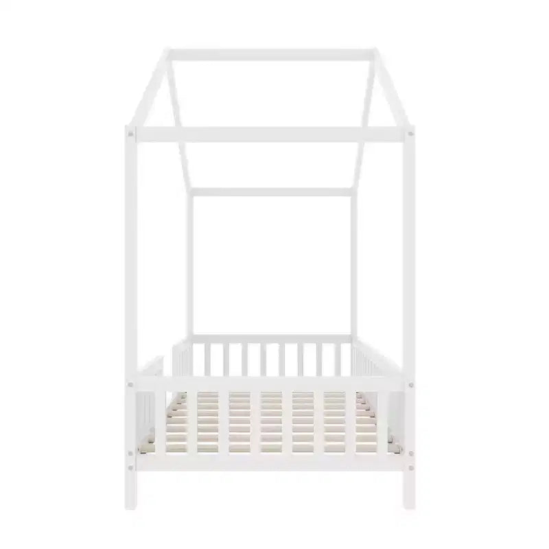 Cadre de lit bas en forme de maison avec rideaux (taille jumeau)