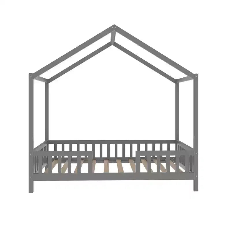 Cadre de lit bas en forme de maison avec rideaux (taille jumeau)
