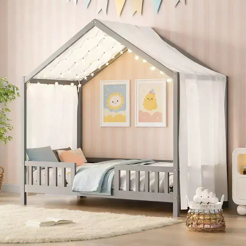 Luxystar Twin Size Low House Shape Montessori Bed Frame With Curtains